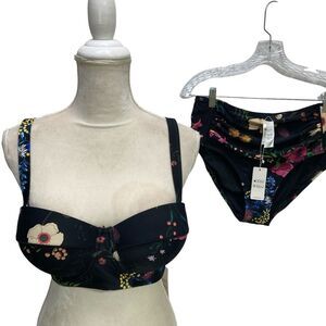 NWT Cupshe Bikini 2pc Black Size 0X Floral Push up Cups Wire  Swim Ruched Bottom
